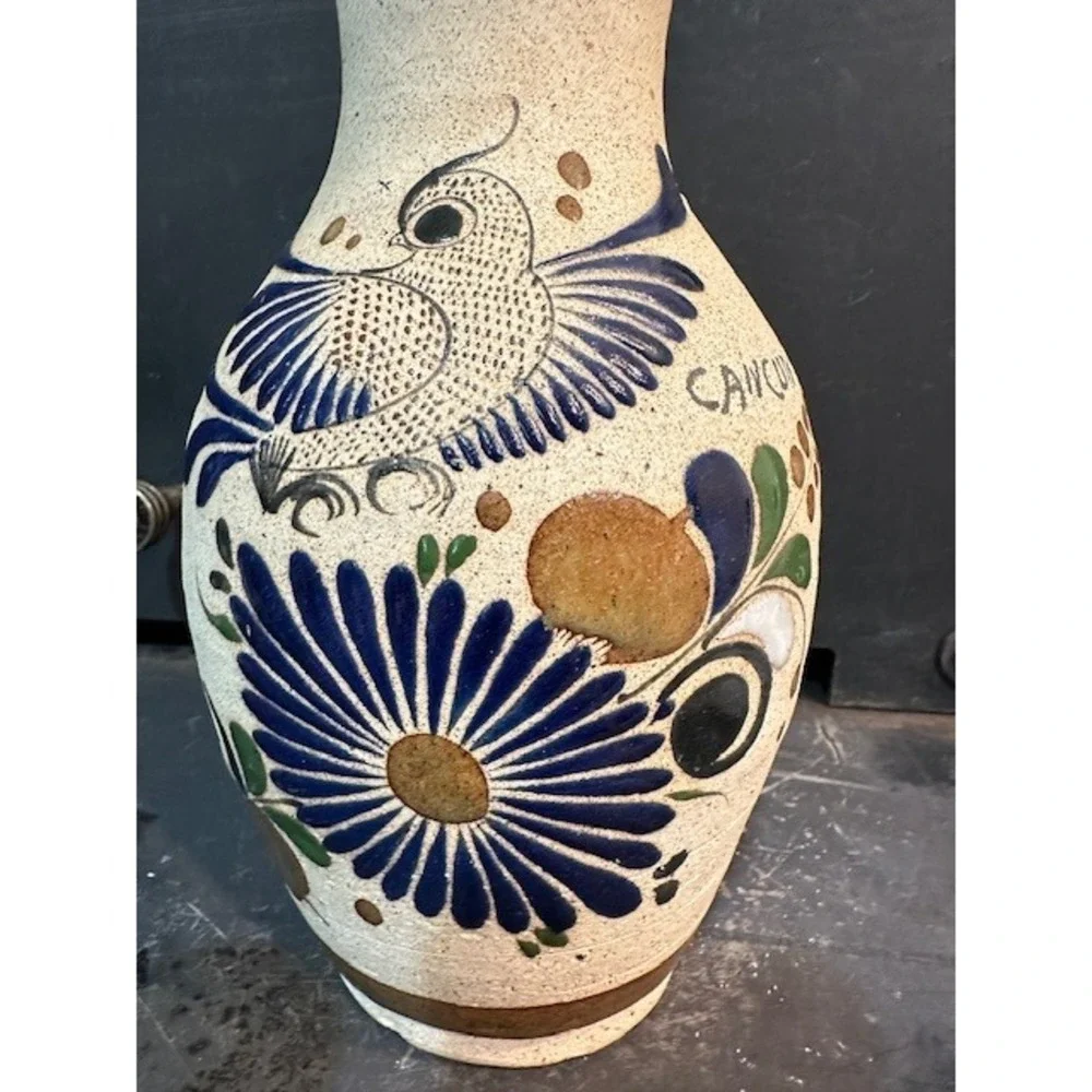 Vintage Mexican Folk Art Pottery Vase Bird Floral‎ Cancun Signed Stoneware 10.5